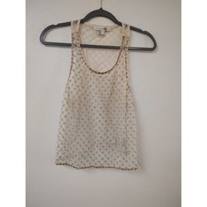 Forever 21 Women Gold Beaded Mesh Tank Top Sheer Racerback Cream Large
